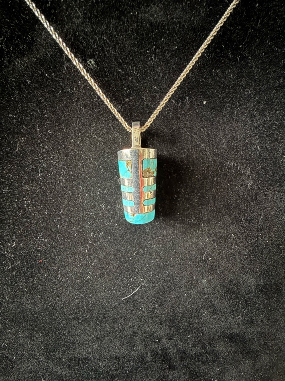 Navajo Handmade Turquoise Inlay Silver Pendant Necklace - Women Jewelry